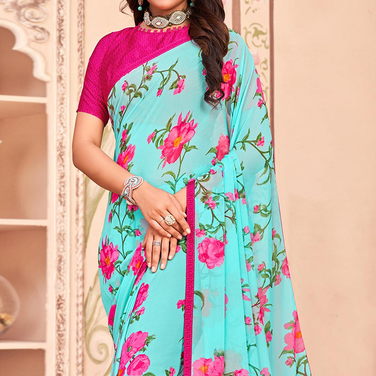Sky Blue Casual Wear Floral Printed Georgette Saree - Peachmode