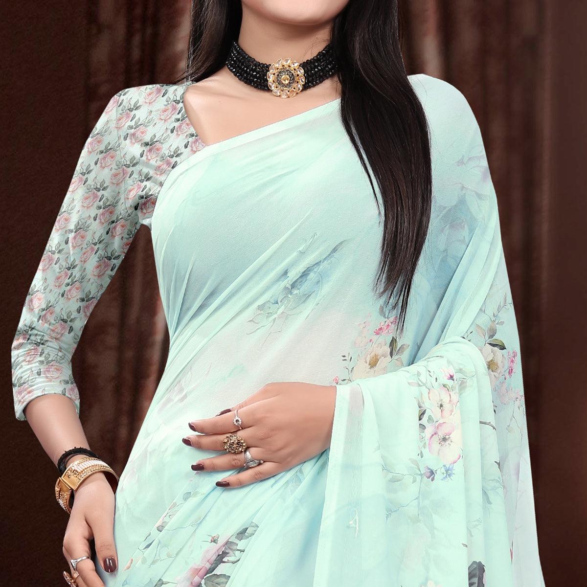 Sky Blue Casual Wear Floral Printed Georgette Saree - Peachmode