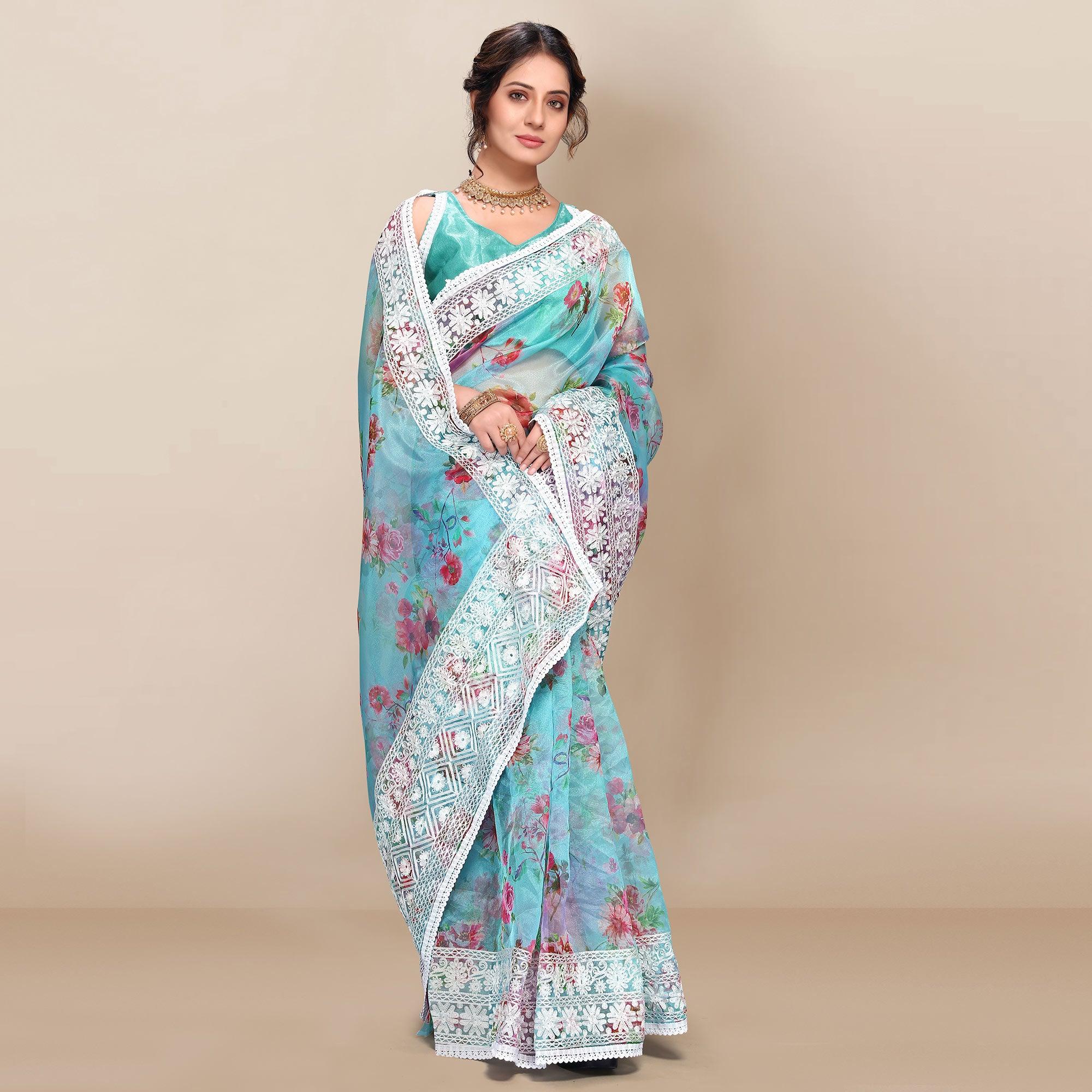 Sky Blue Casual Wear Floral Printed Organza Saree With Embroidered Border - Peachmode
