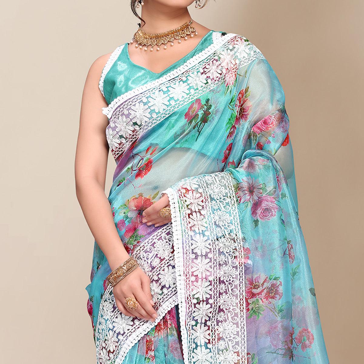 Sky Blue Casual Wear Floral Printed Organza Saree With Embroidered Border - Peachmode