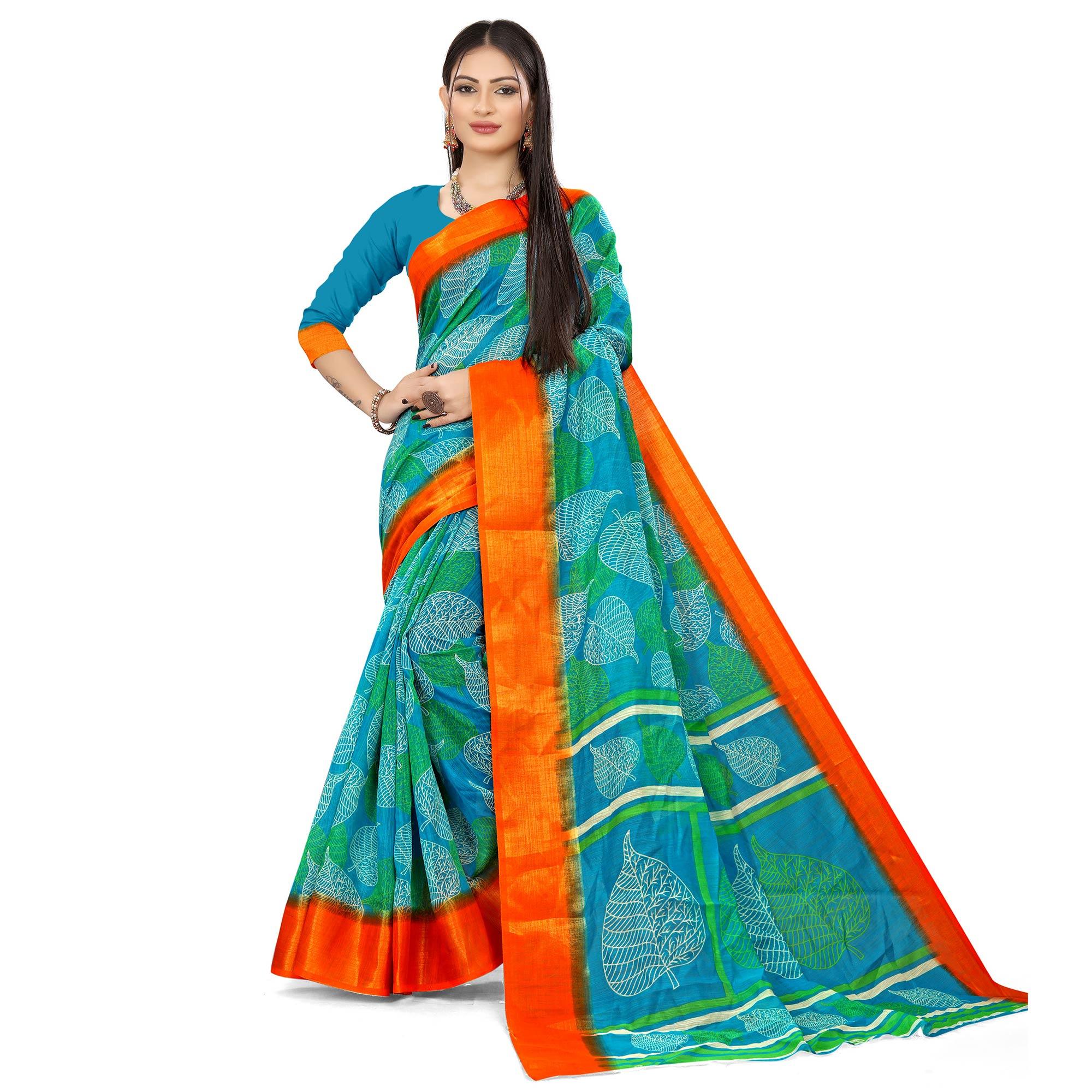 Sky Blue Casual Wear Leaf Printed Cotton Linen Saree - Peachmode