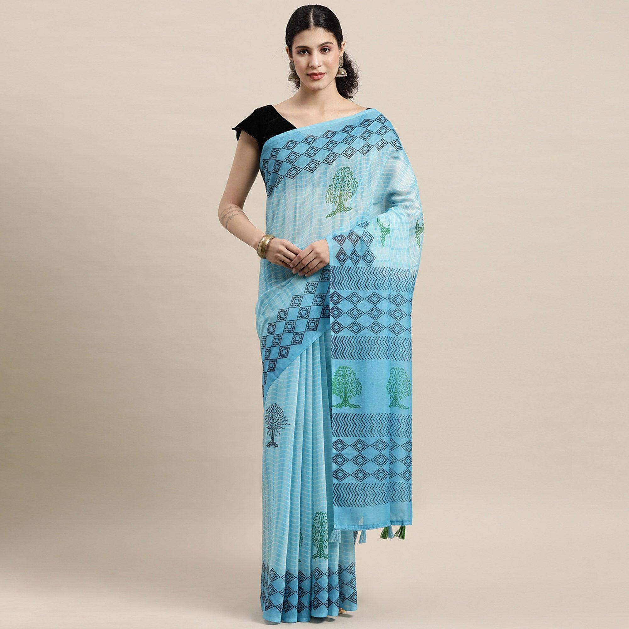 Sky Blue Casual Wear Printed Cotton Blend Saree With Tassels - Peachmode