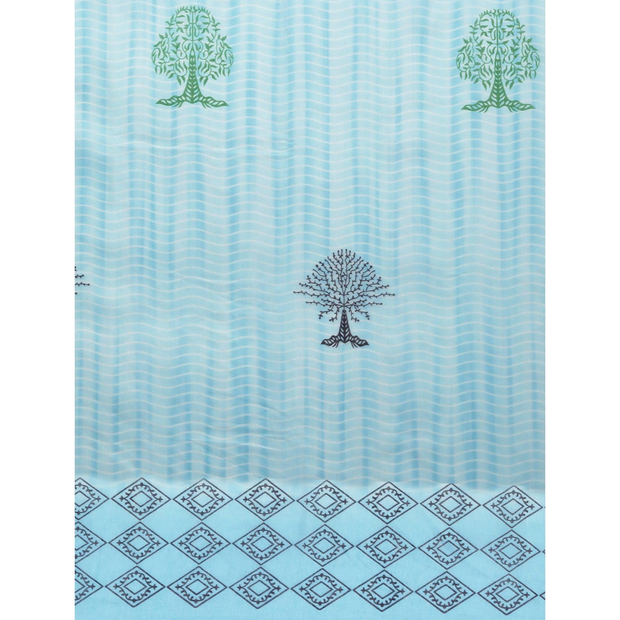 Sky Blue Casual Wear Printed Cotton Blend Saree With Tassels - Peachmode