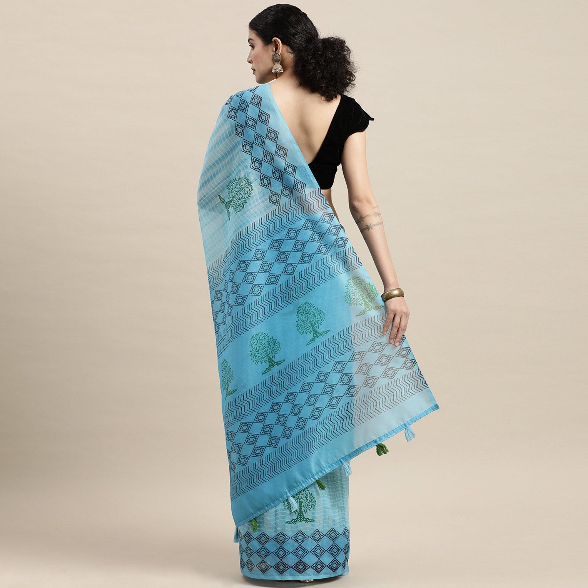 Sky Blue Casual Wear Printed Cotton Blend Saree With Tassels - Peachmode