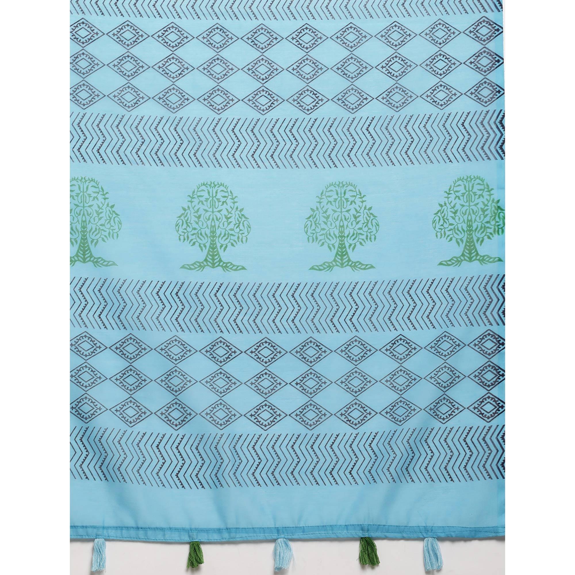 Sky Blue Casual Wear Printed Cotton Blend Saree With Tassels - Peachmode