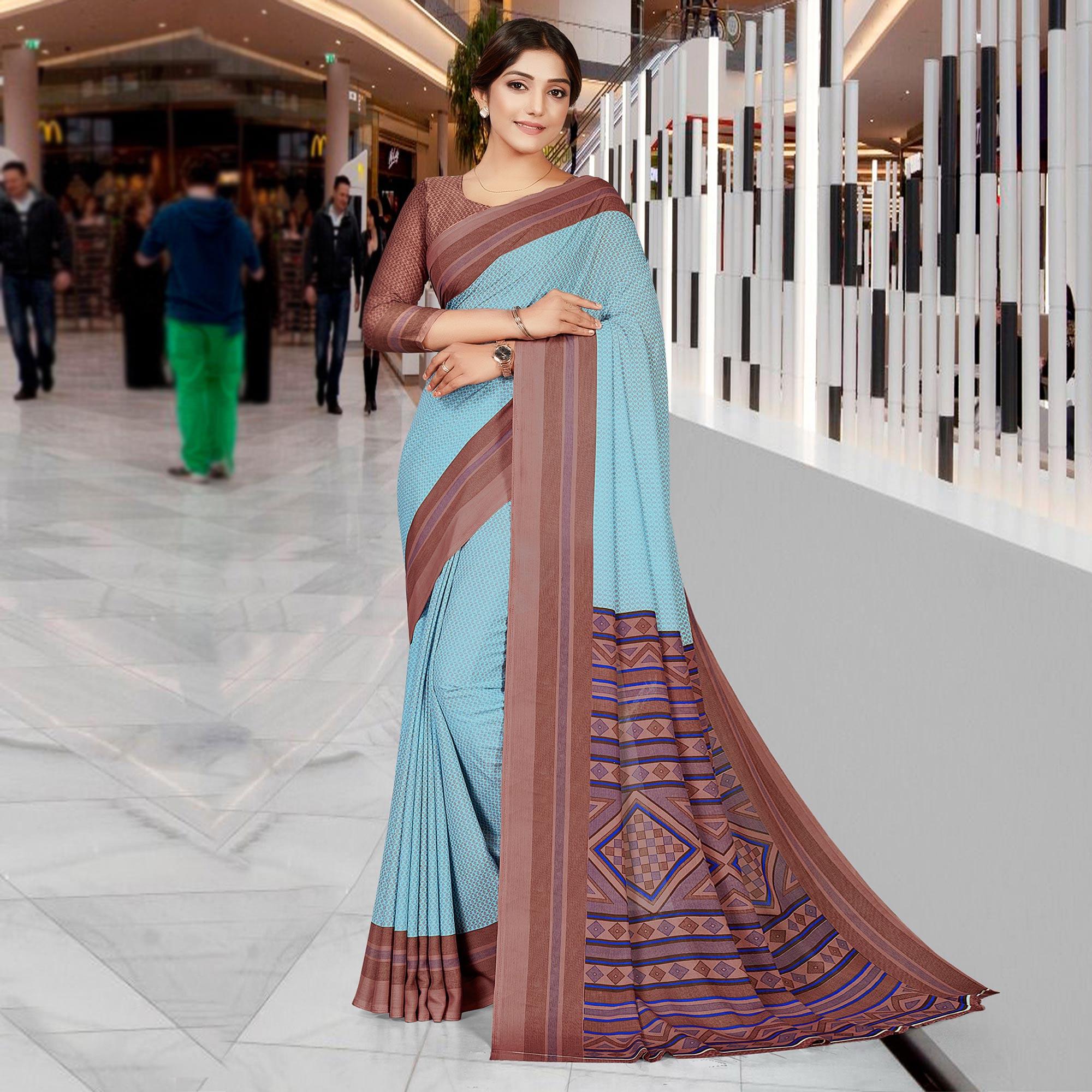 Sky Blue Casual Wear Printed Crepe Saree - Peachmode