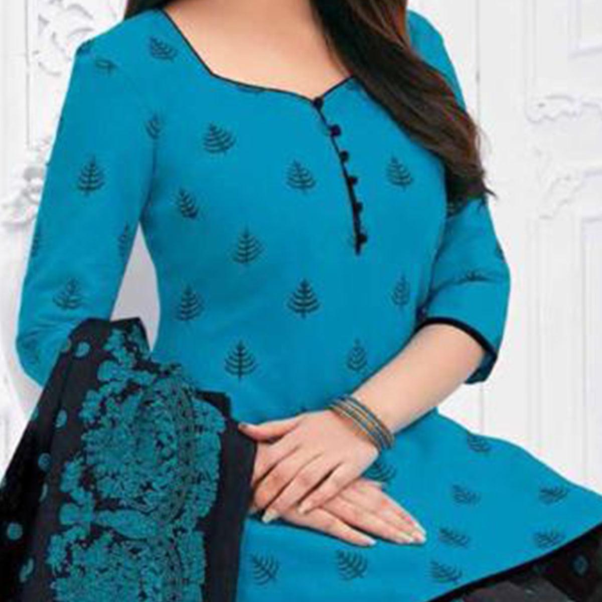 Sky Blue Casual Wear Printed Leon Patiala Dress Material - Peachmode