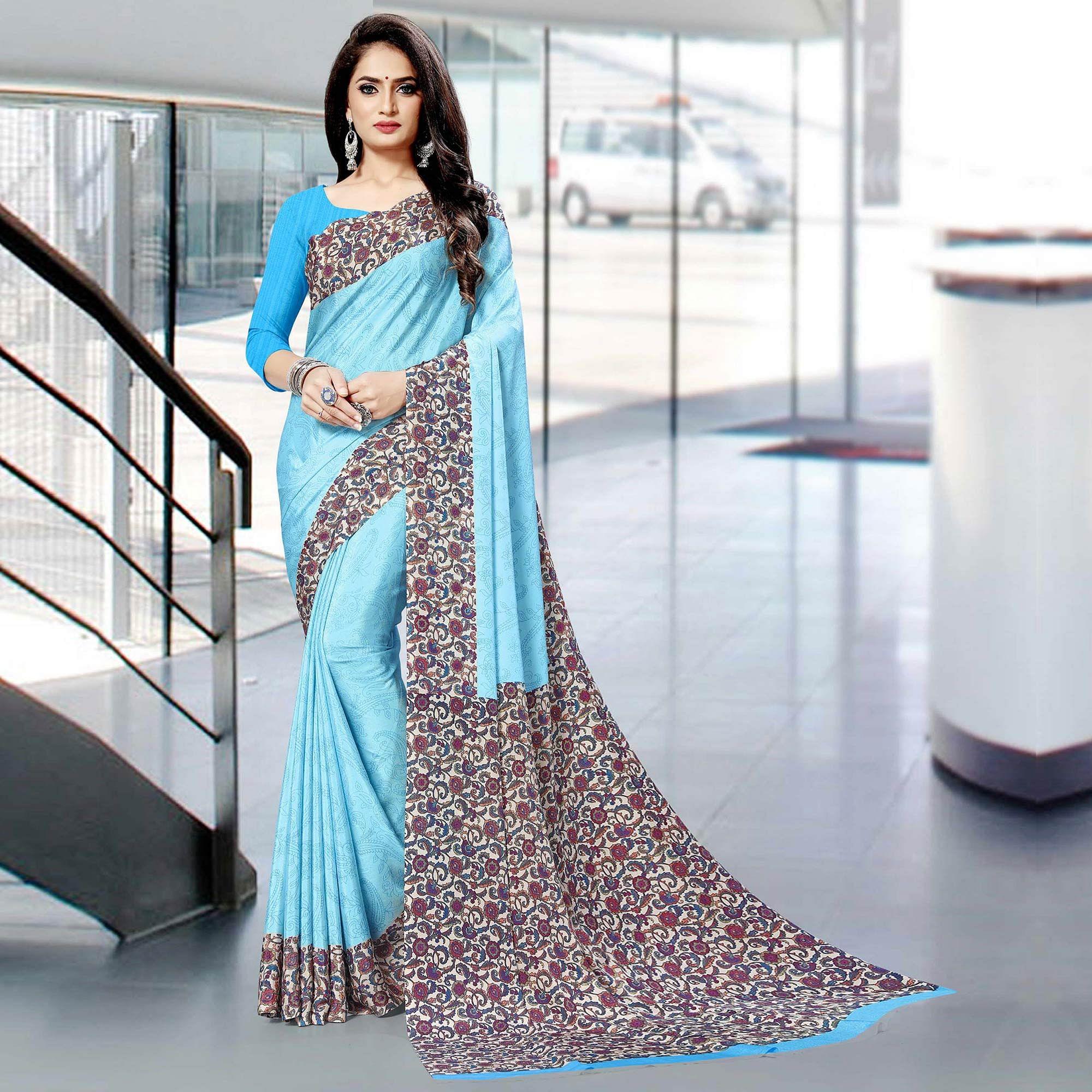 Sky Blue Casual Wear Printed Silk Saree - Peachmode