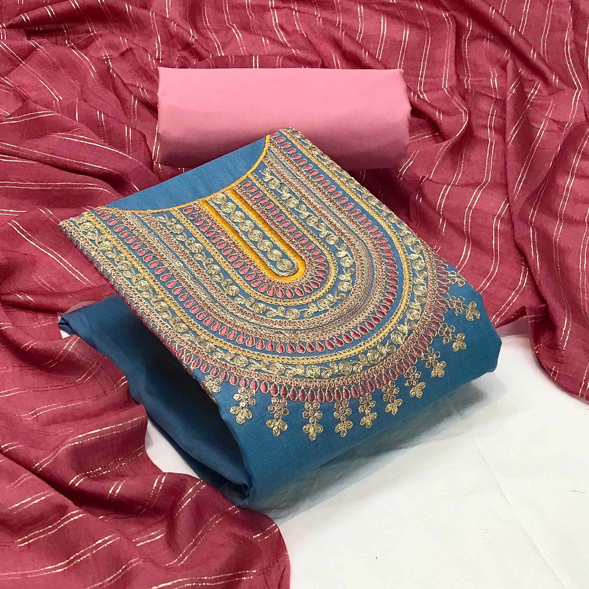 Sky Blue Casual Wear Sequence Embroidered Cotton Dress Material - Peachmode