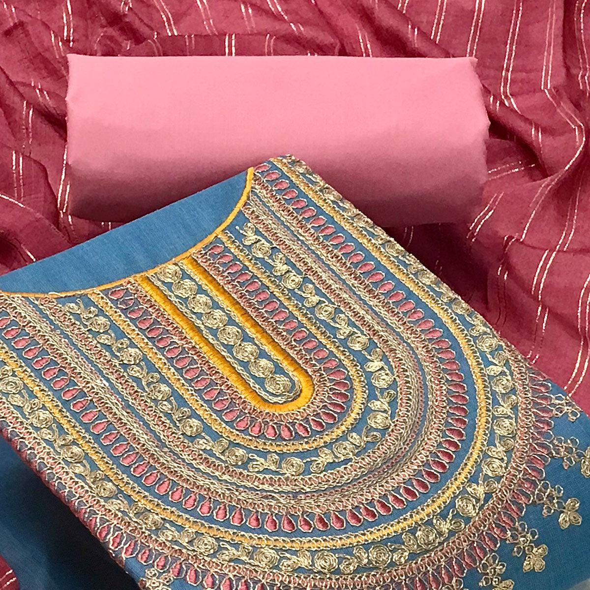 Sky Blue Casual Wear Sequence Embroidered Cotton Dress Material - Peachmode