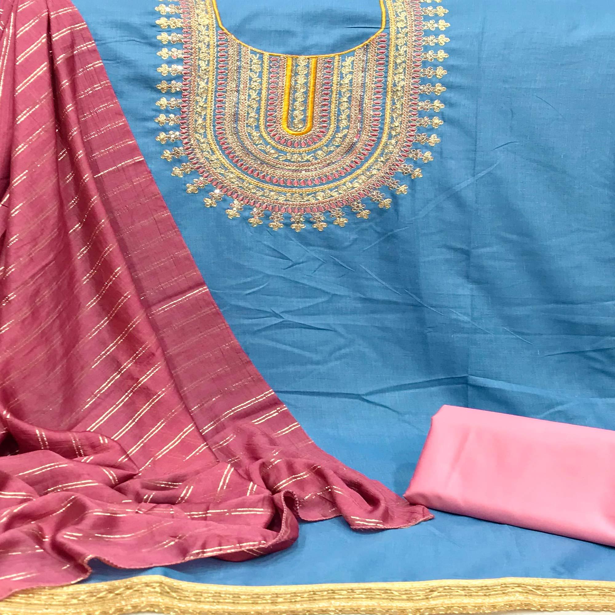Sky Blue Casual Wear Sequence Embroidered Cotton Dress Material - Peachmode