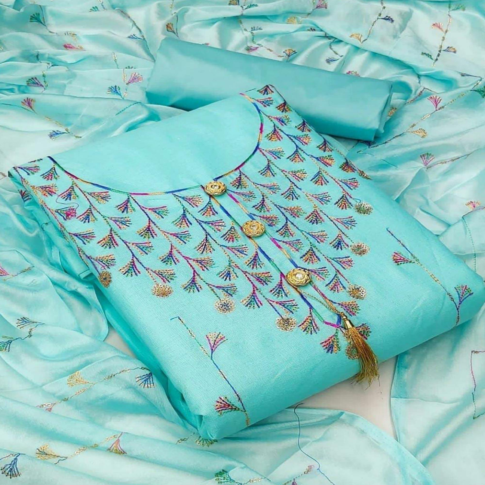 Sky Blue Casual Wear Sequence Work Cotton Dress Material - Peachmode