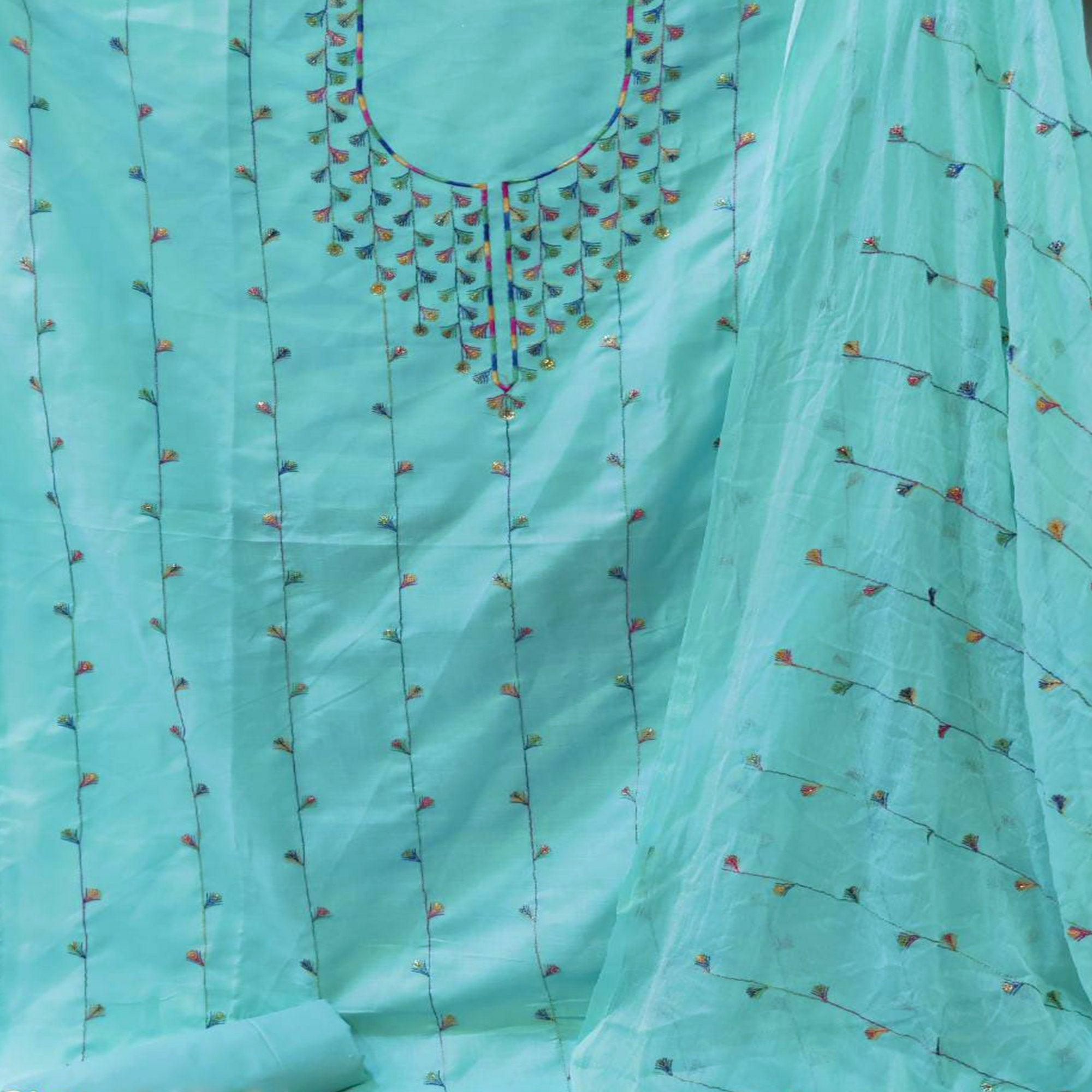 Sky Blue Casual Wear Sequence Work Cotton Dress Material - Peachmode