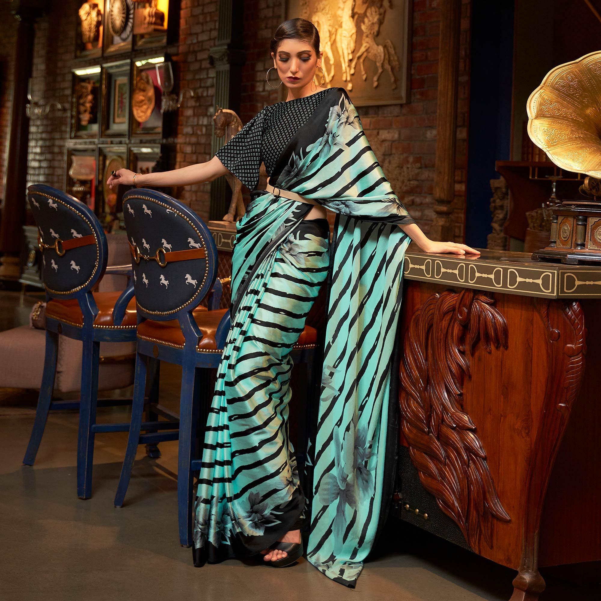 Sky Blue Casual Wear Stripe Printed Satin Silk Saree - Peachmode