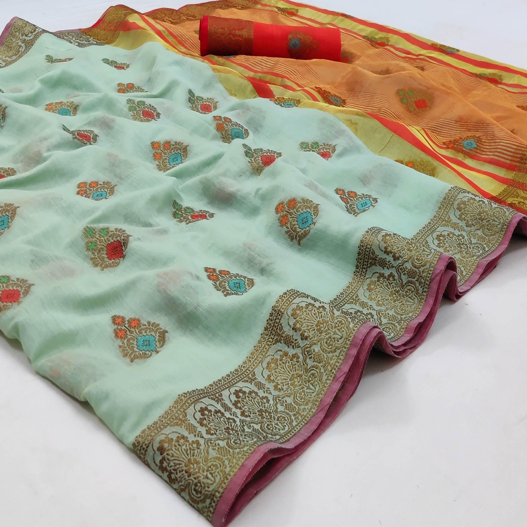 Sky Blue Casual Wear Woven Cotton Saree - Peachmode
