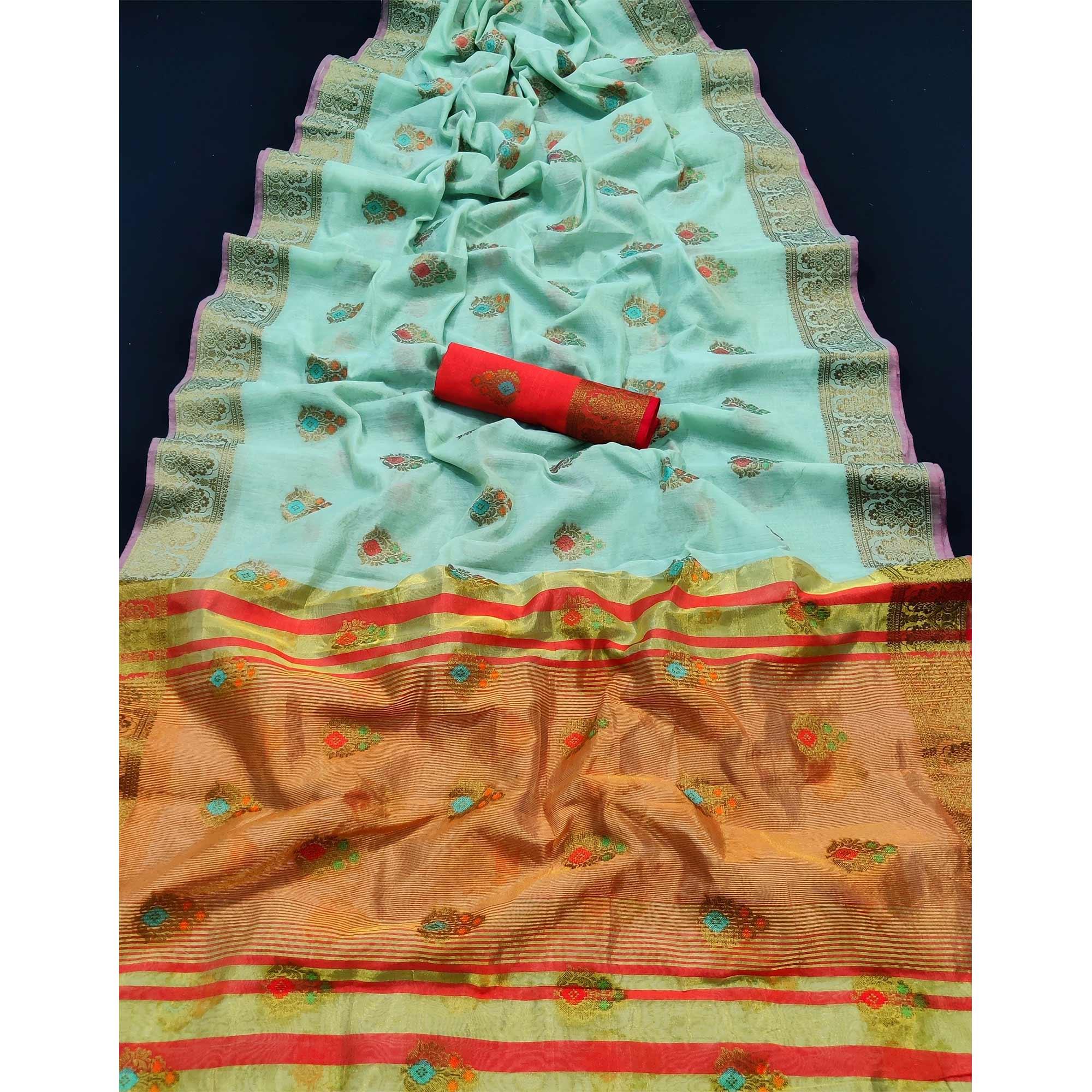Sky Blue Casual Wear Woven Cotton Saree - Peachmode