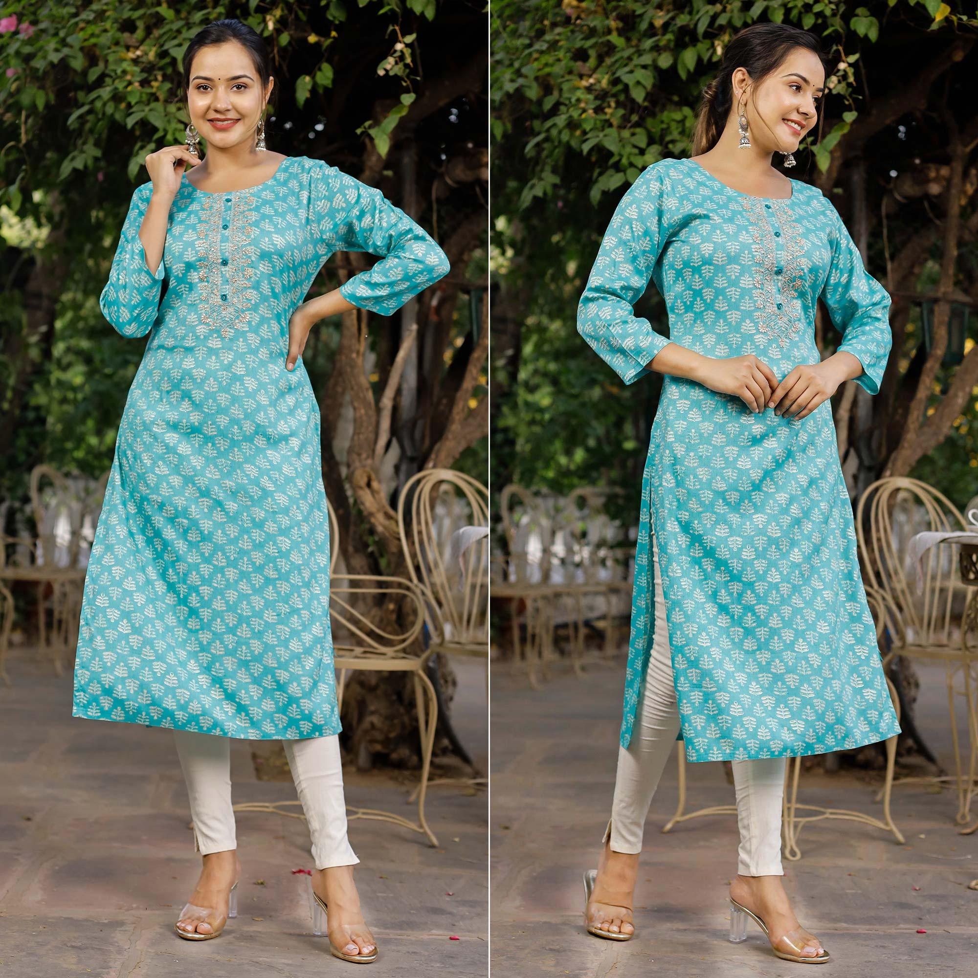 Sky Blue Crayon Printed Rayon Kurti - Peachmode