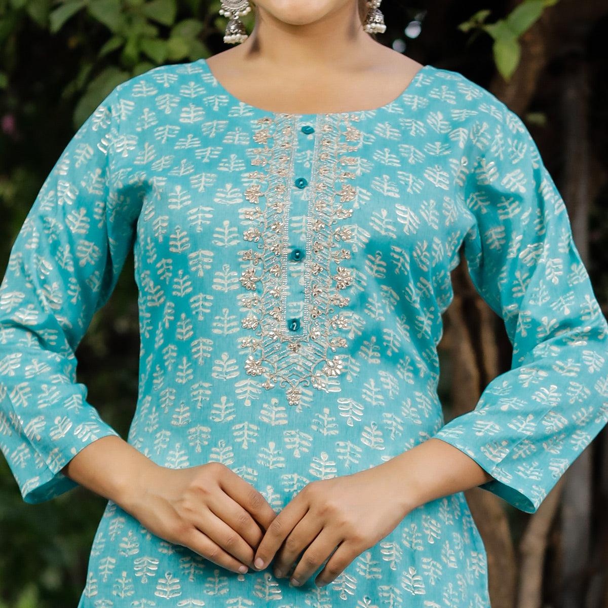 Sky Blue Crayon Printed Rayon Kurti - Peachmode