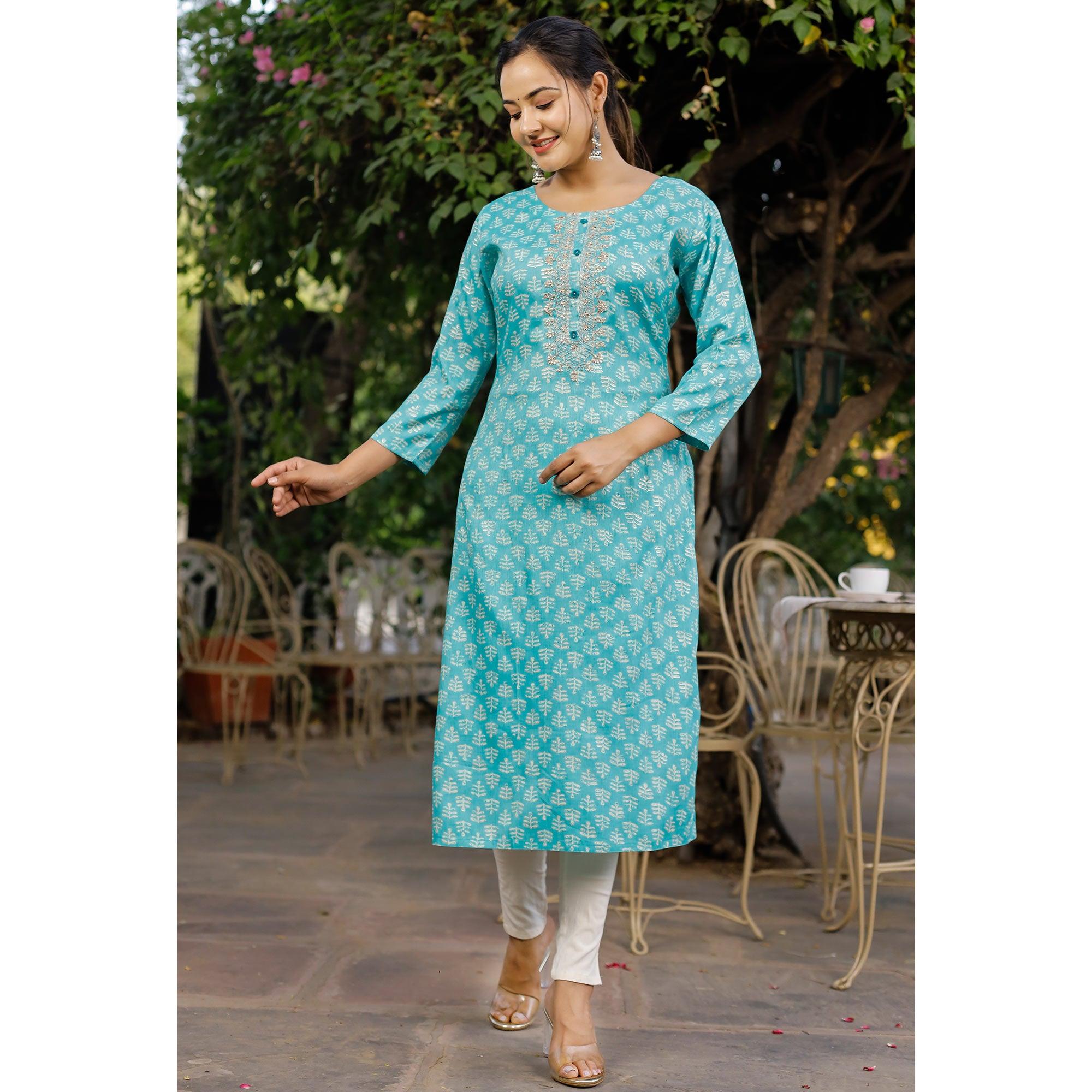 Sky Blue Crayon Printed Rayon Kurti - Peachmode