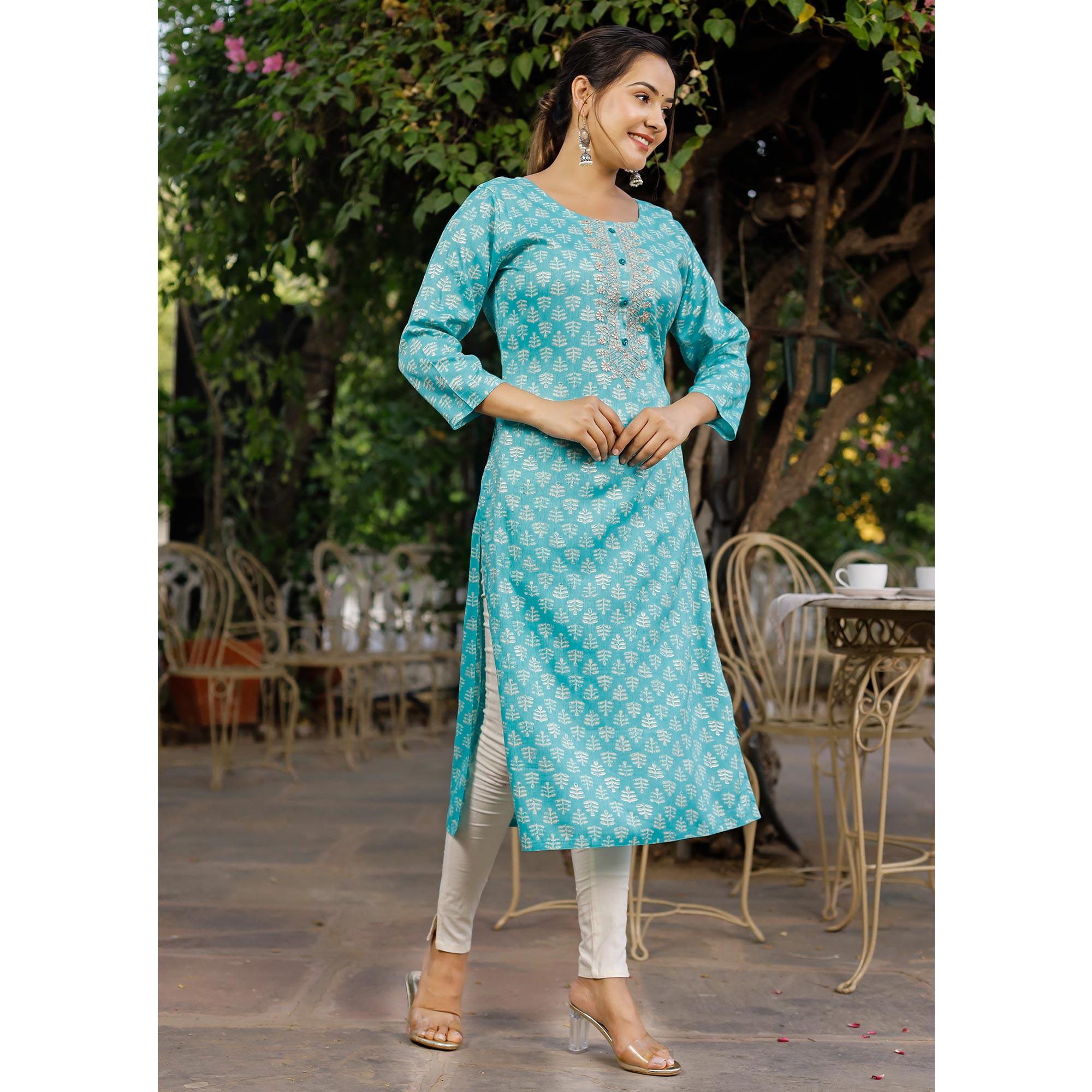 Sky Blue Crayon Printed Rayon Kurti - Peachmode