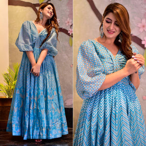 Sky Blue Digital Floral Printed Muslin Gown - Peachmode