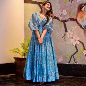 Sky Blue Digital Floral Printed Muslin Gown - Peachmode