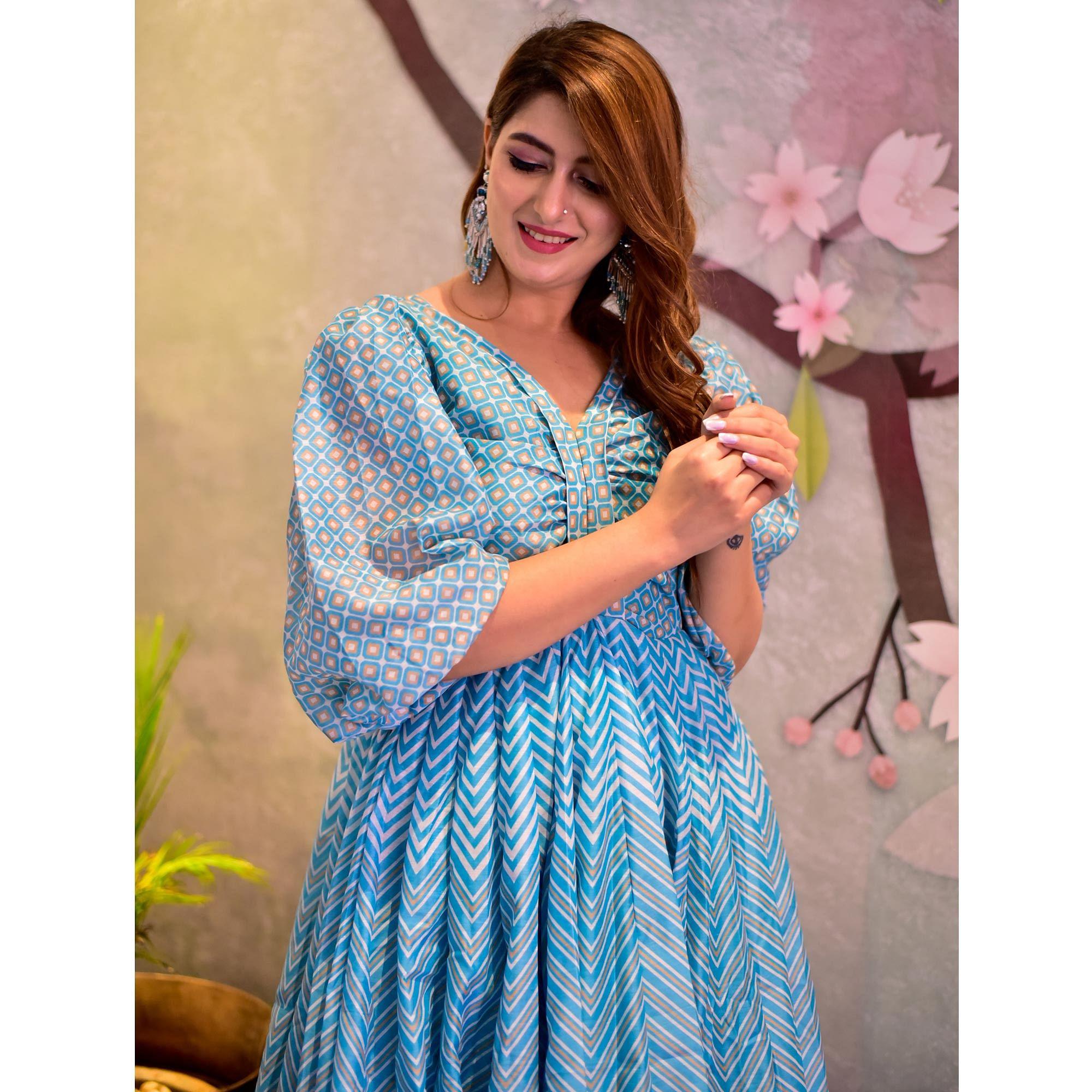 Sky Blue Digital Floral Printed Muslin Gown - Peachmode