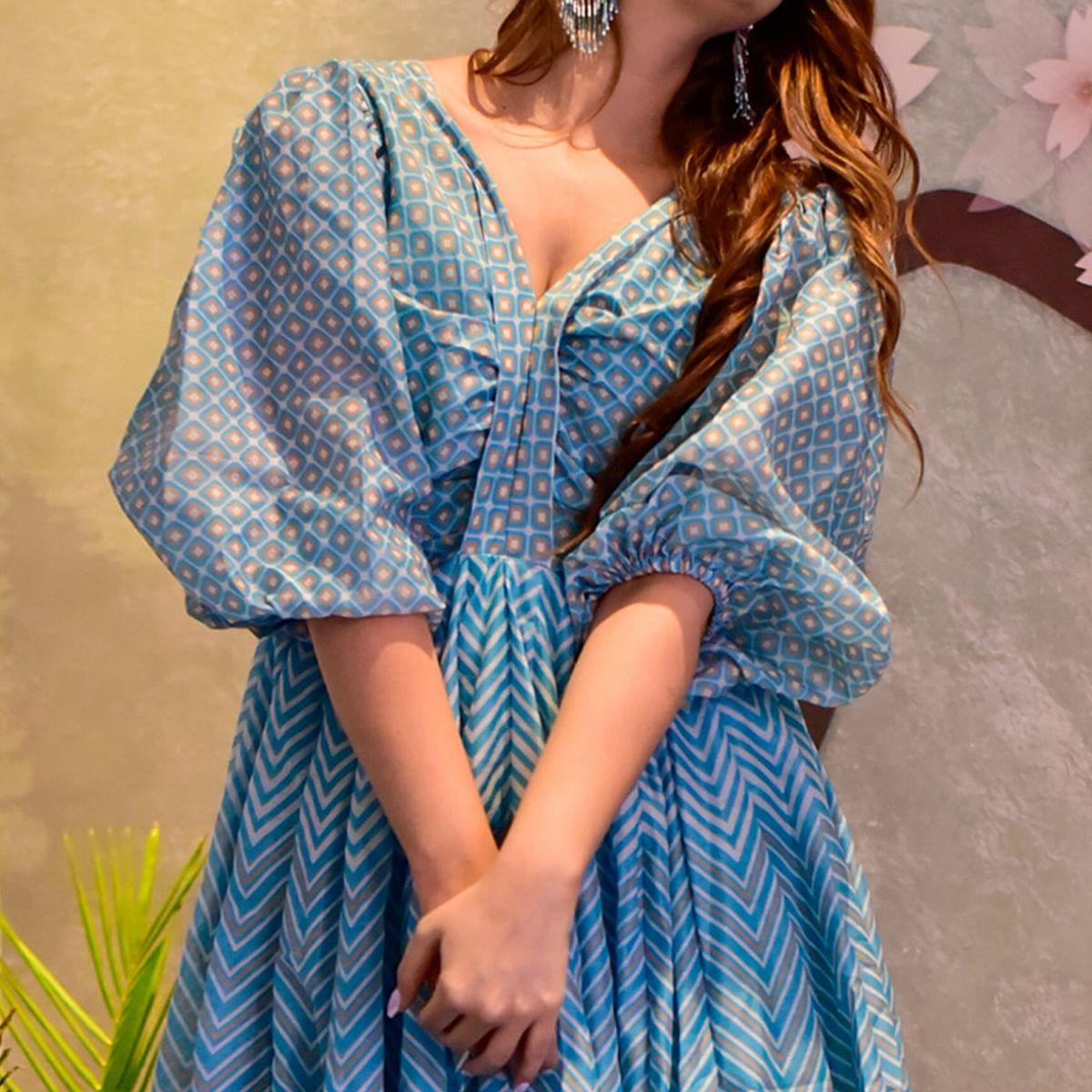 Sky Blue Digital Floral Printed Muslin Gown - Peachmode