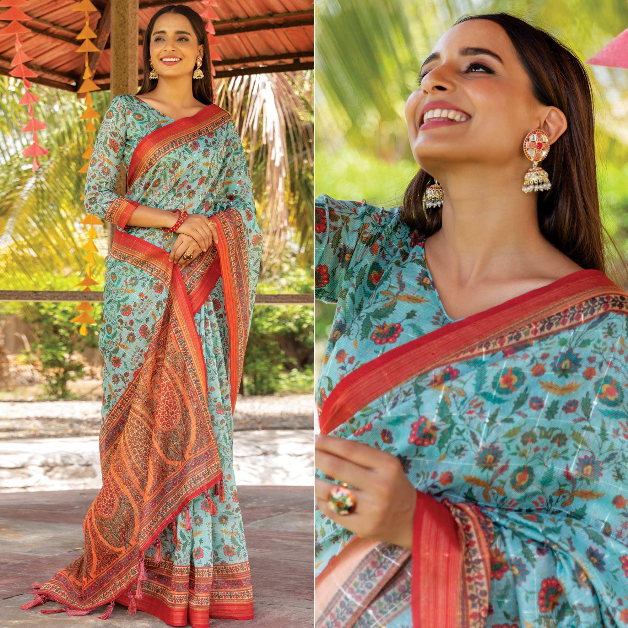 Sky Blue Digital Printed Linen Saree With Tassels - Peachmode