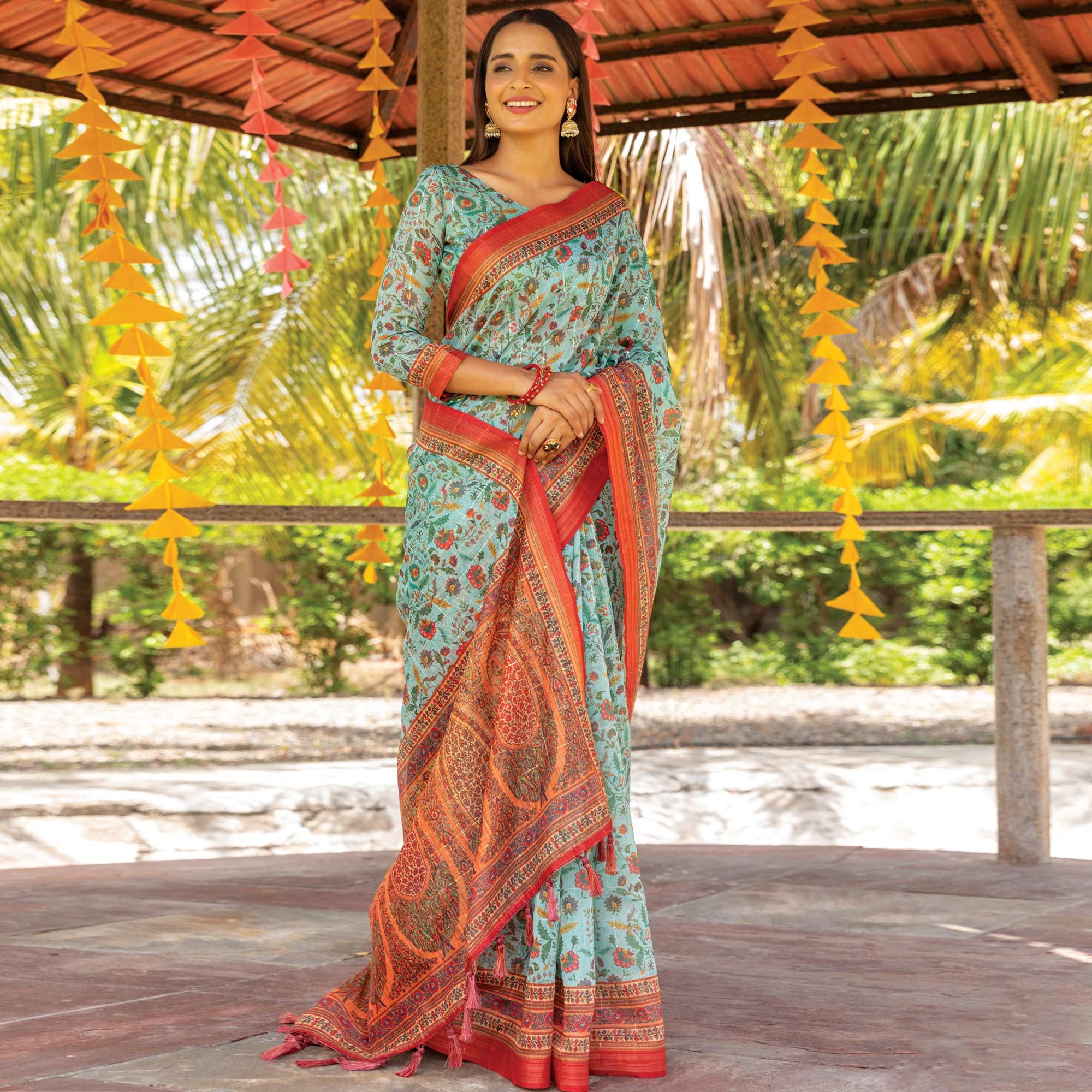 Sky Blue Digital Printed Linen Saree With Tassels - Peachmode
