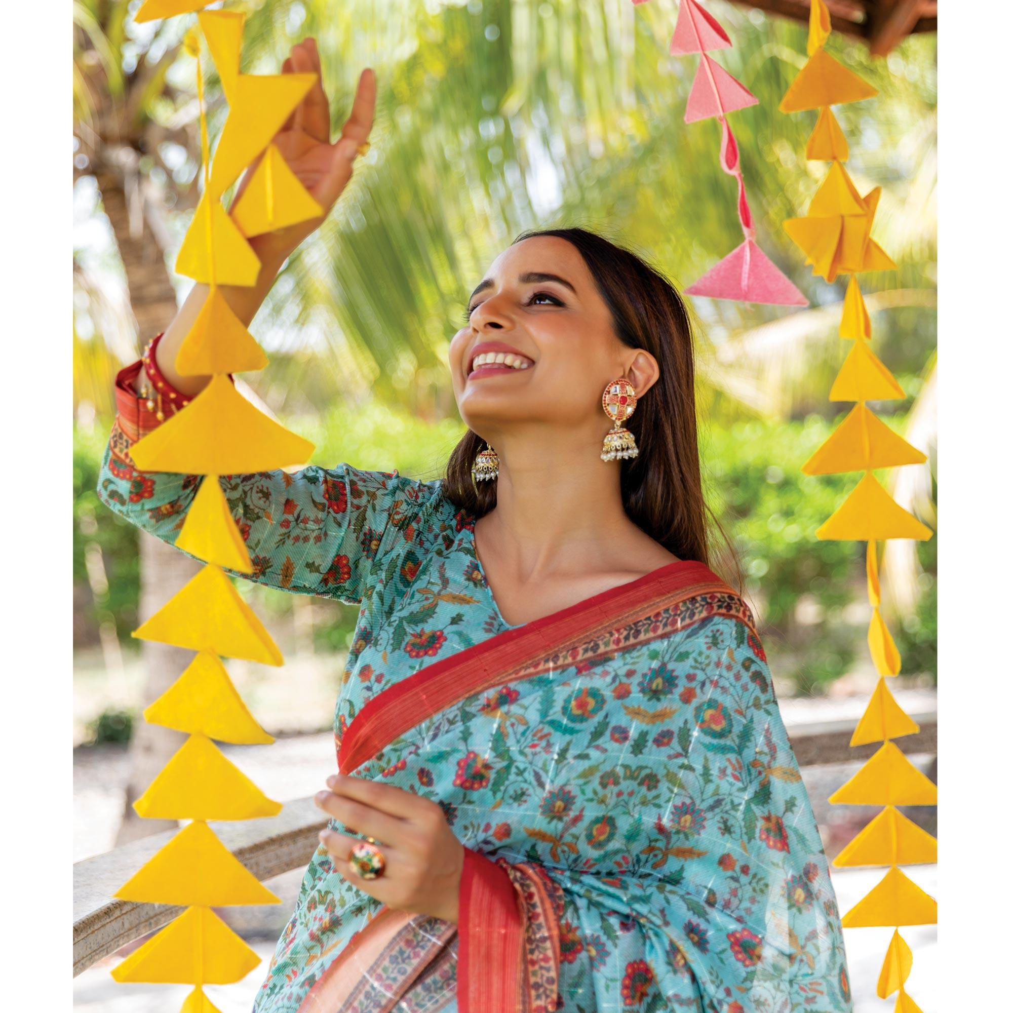 Sky Blue Digital Printed Linen Saree With Tassels - Peachmode