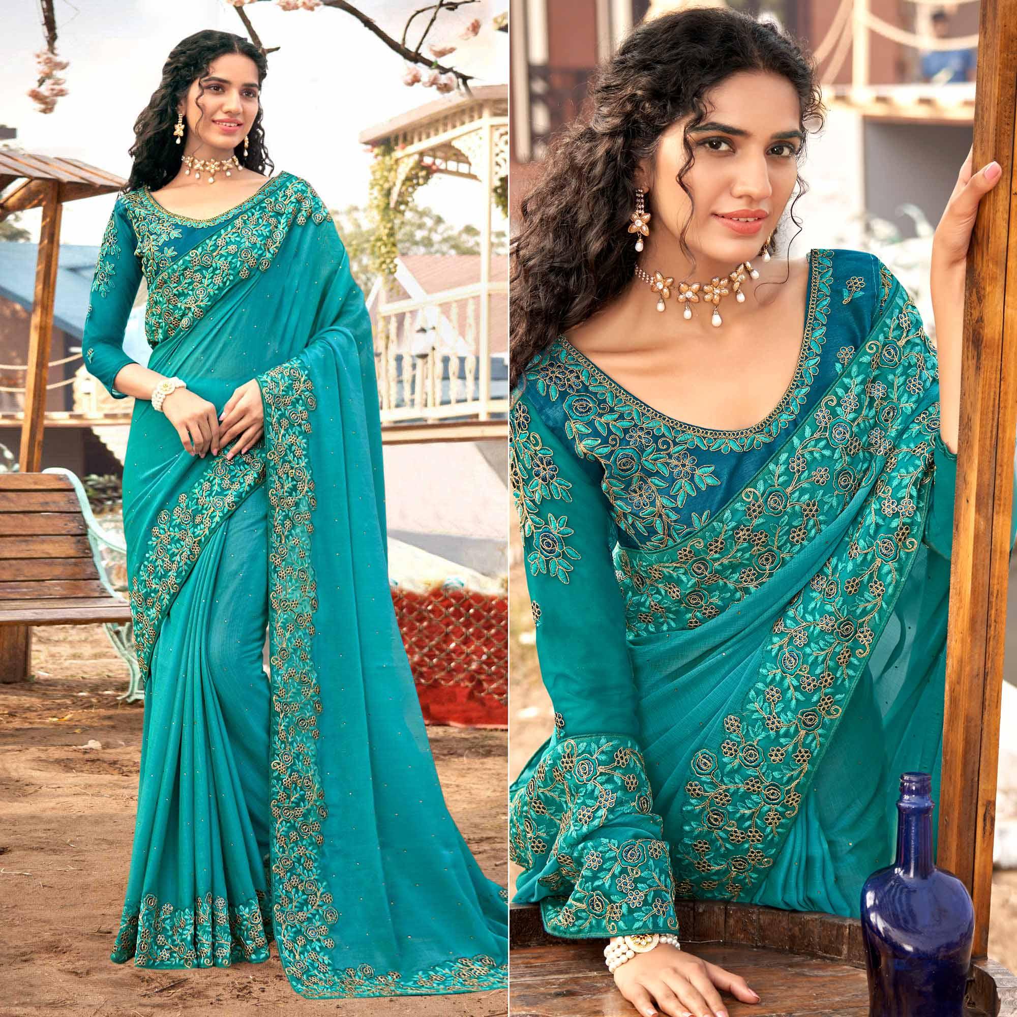 Sky Blue Embellished With Embroidered Chiffon Saree - Peachmode
