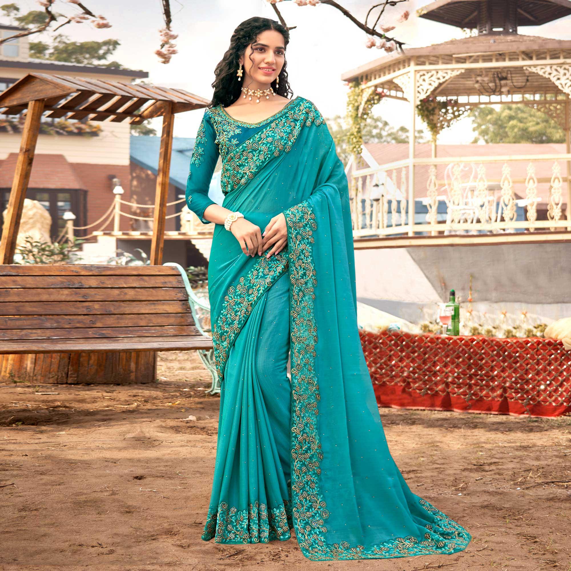 Sky Blue Embellished With Embroidered Chiffon Saree - Peachmode