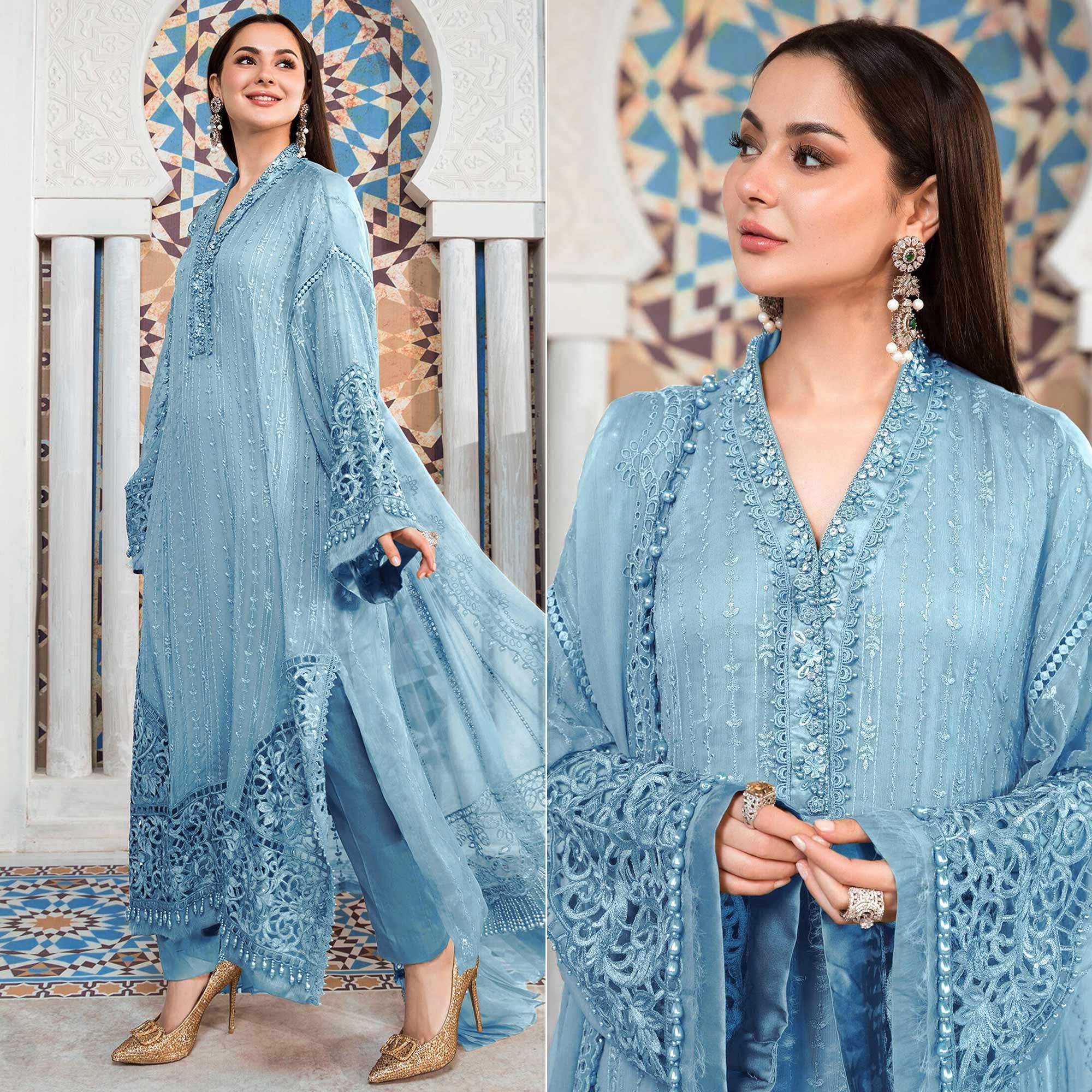 Sky Blue Embellished With Embroidered Georgette Pakistani Suit - Peachmode