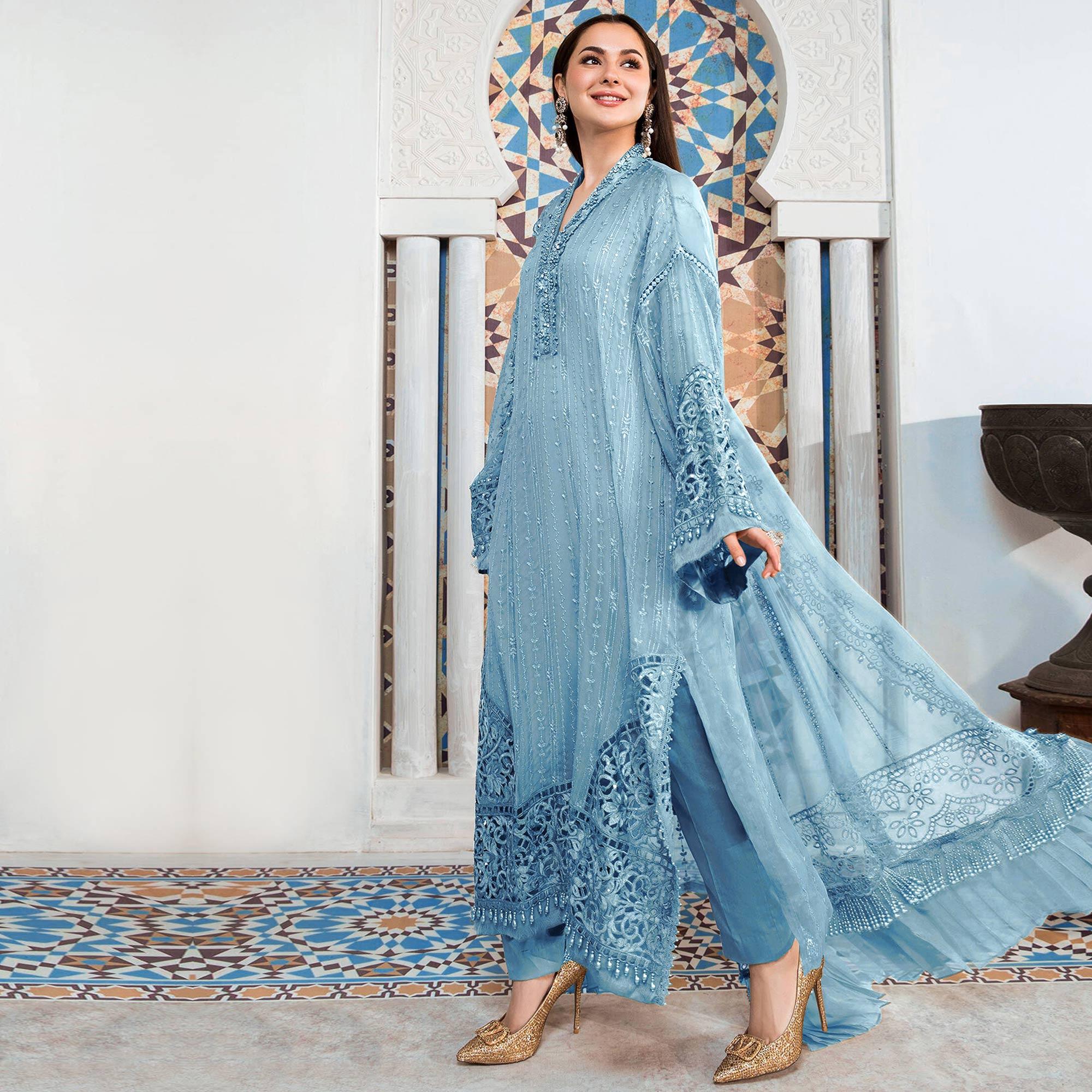 Sky Blue Embellished With Embroidered Georgette Pakistani Suit - Peachmode