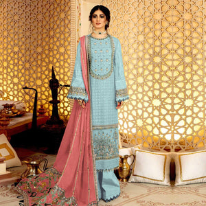 Sky Blue Embellished With Embroidered Georgette Pakistani Suit - Peachmode