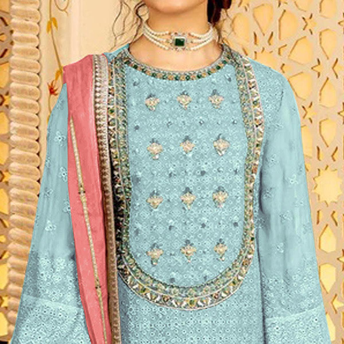 Sky Blue Embellished With Embroidered Georgette Pakistani Suit - Peachmode