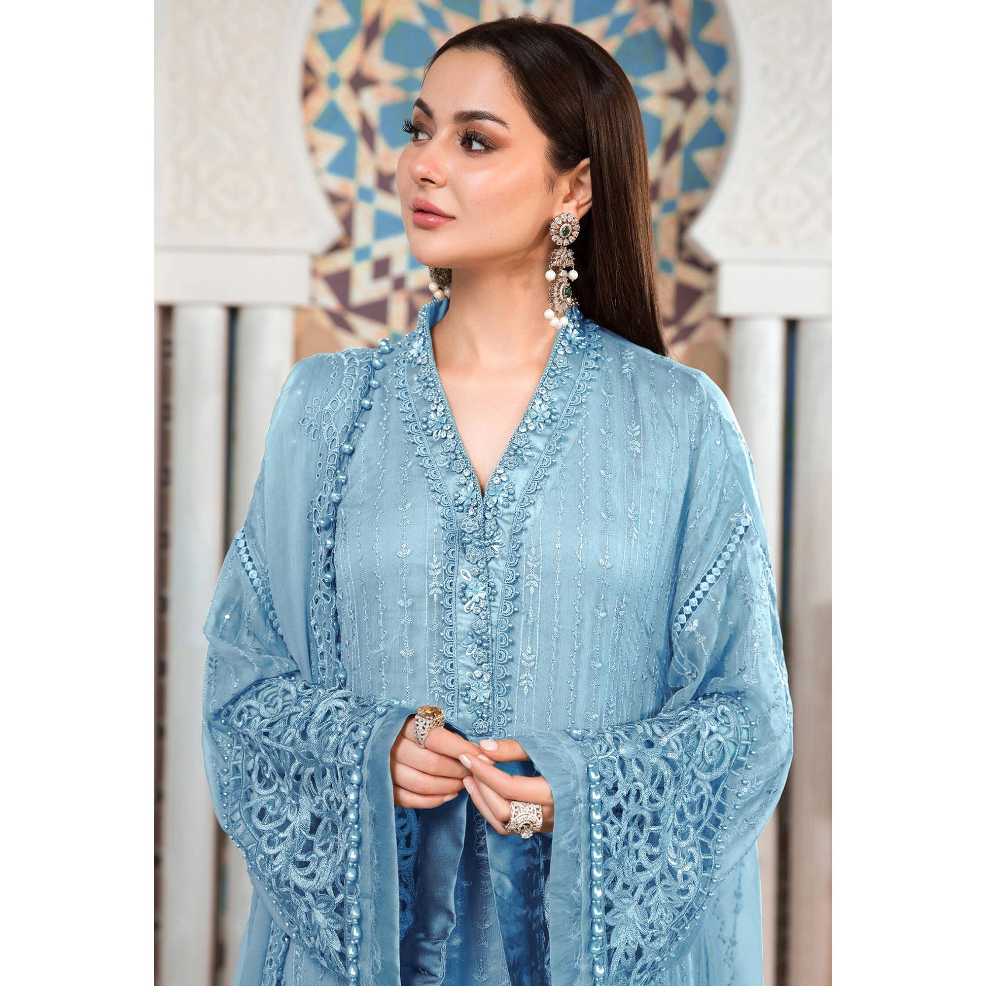 Sky Blue Embellished With Embroidered Georgette Pakistani Suit - Peachmode