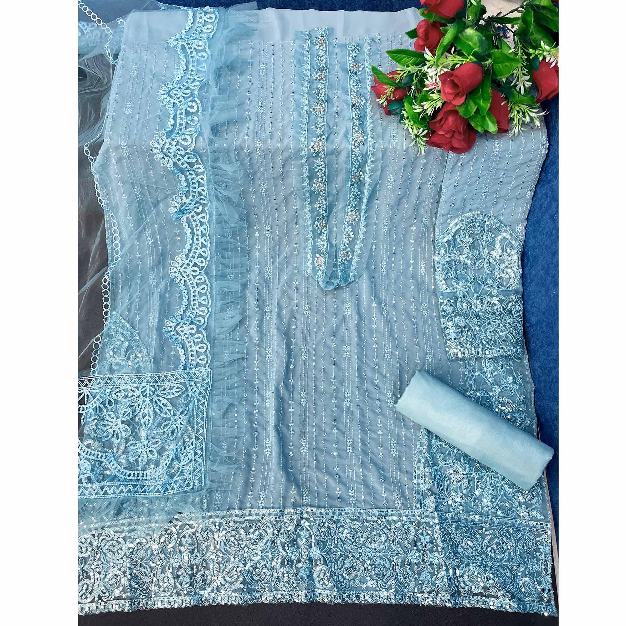 Sky Blue Embellished With Embroidered Georgette Pakistani Suit - Peachmode