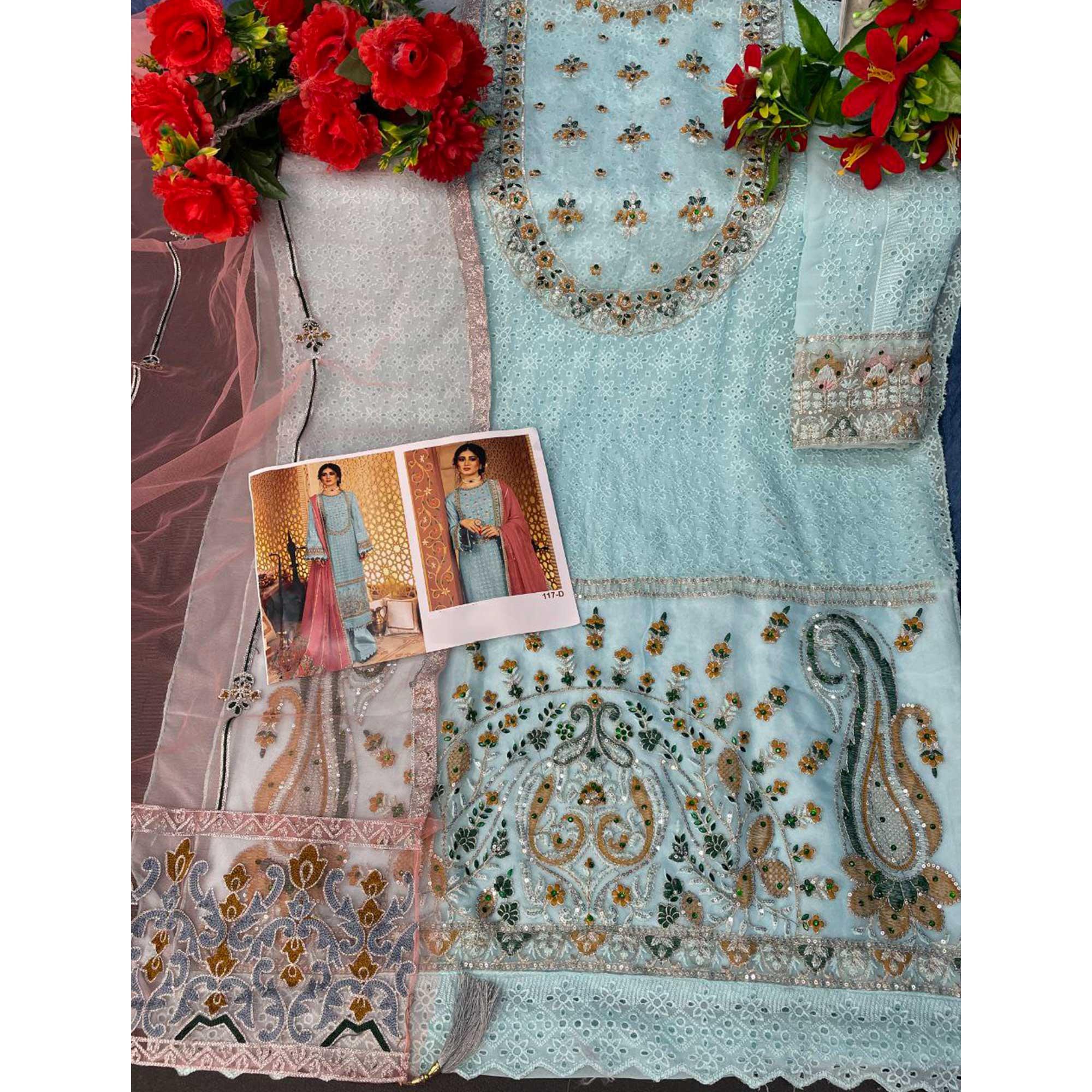 Sky Blue Embellished With Embroidered Georgette Pakistani Suit - Peachmode