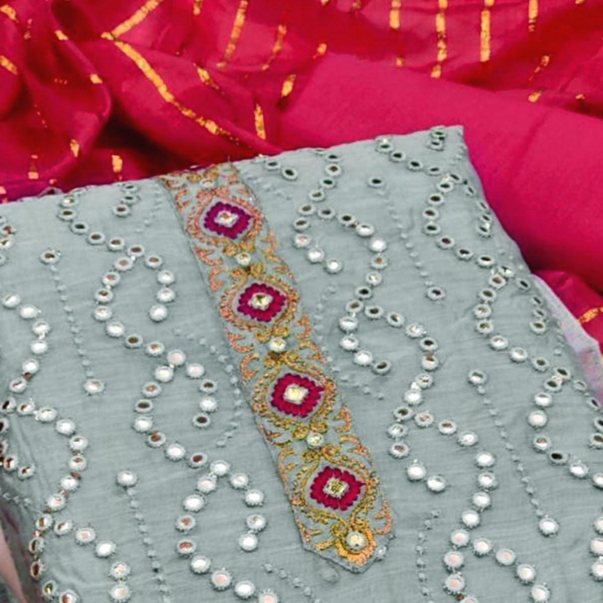Sky Blue Embroidered Chanderi Dress Material - Peachmode