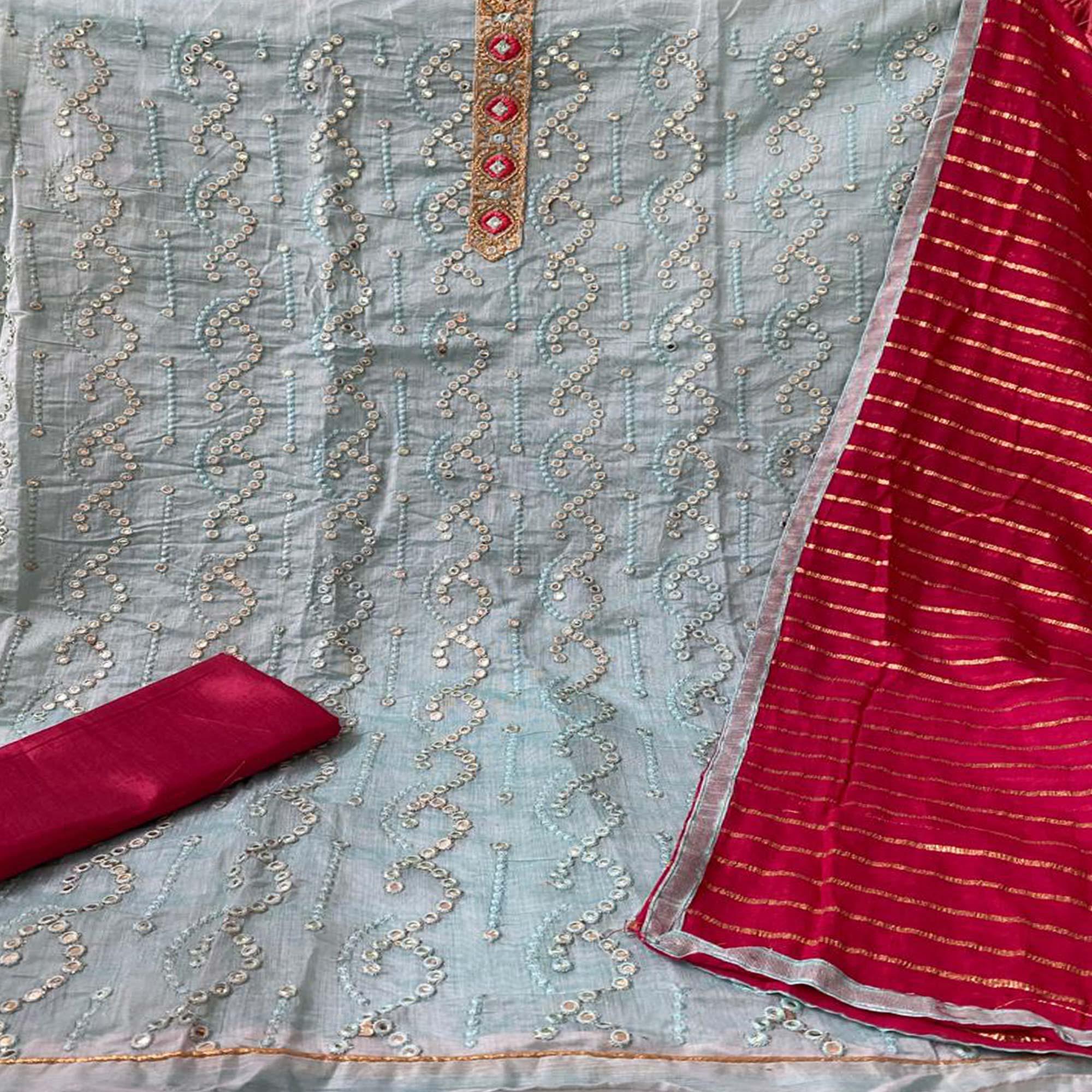 Sky Blue Embroidered Chanderi Dress Material - Peachmode