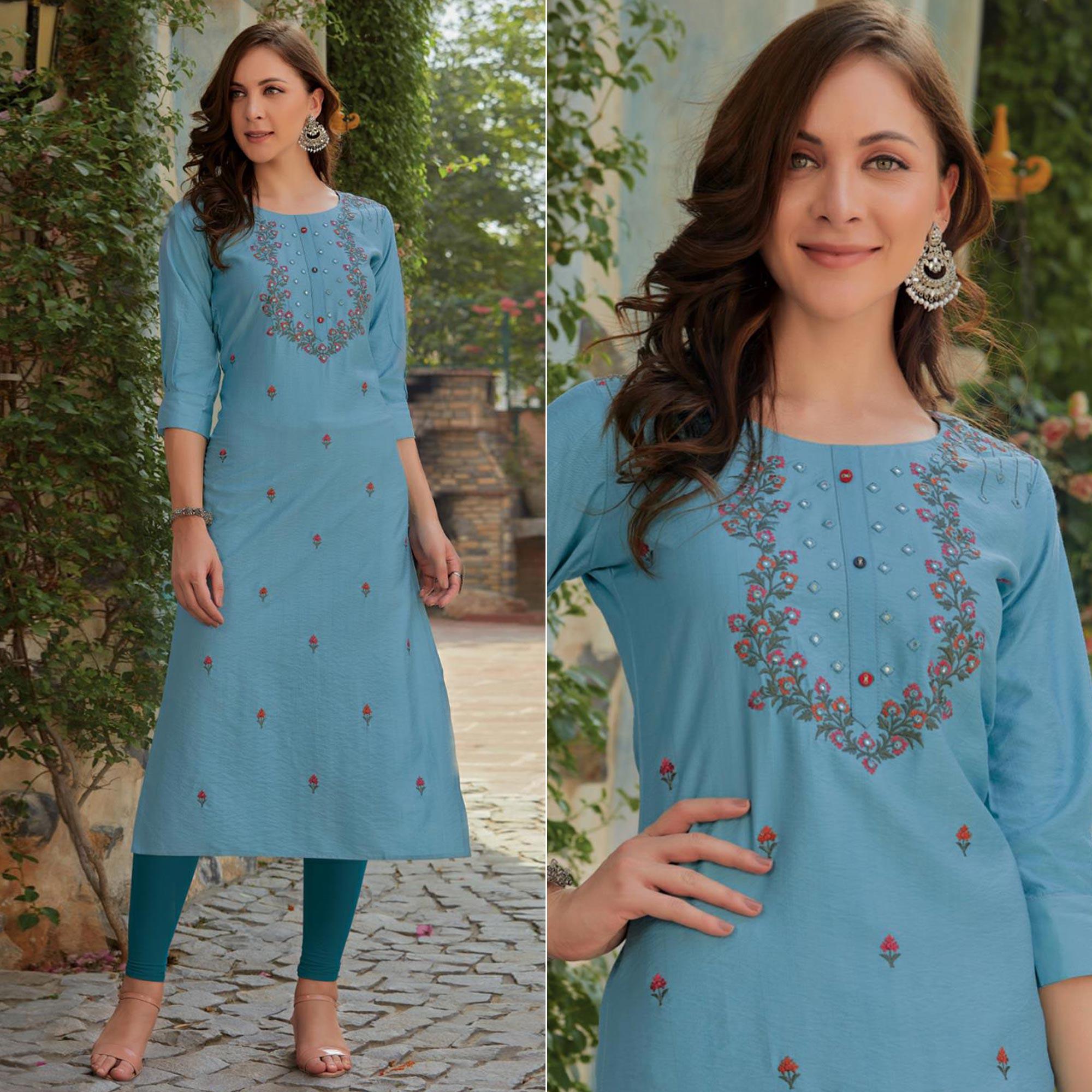 Sky Blue Embroidered Cotton Silk Kurti - Peachmode