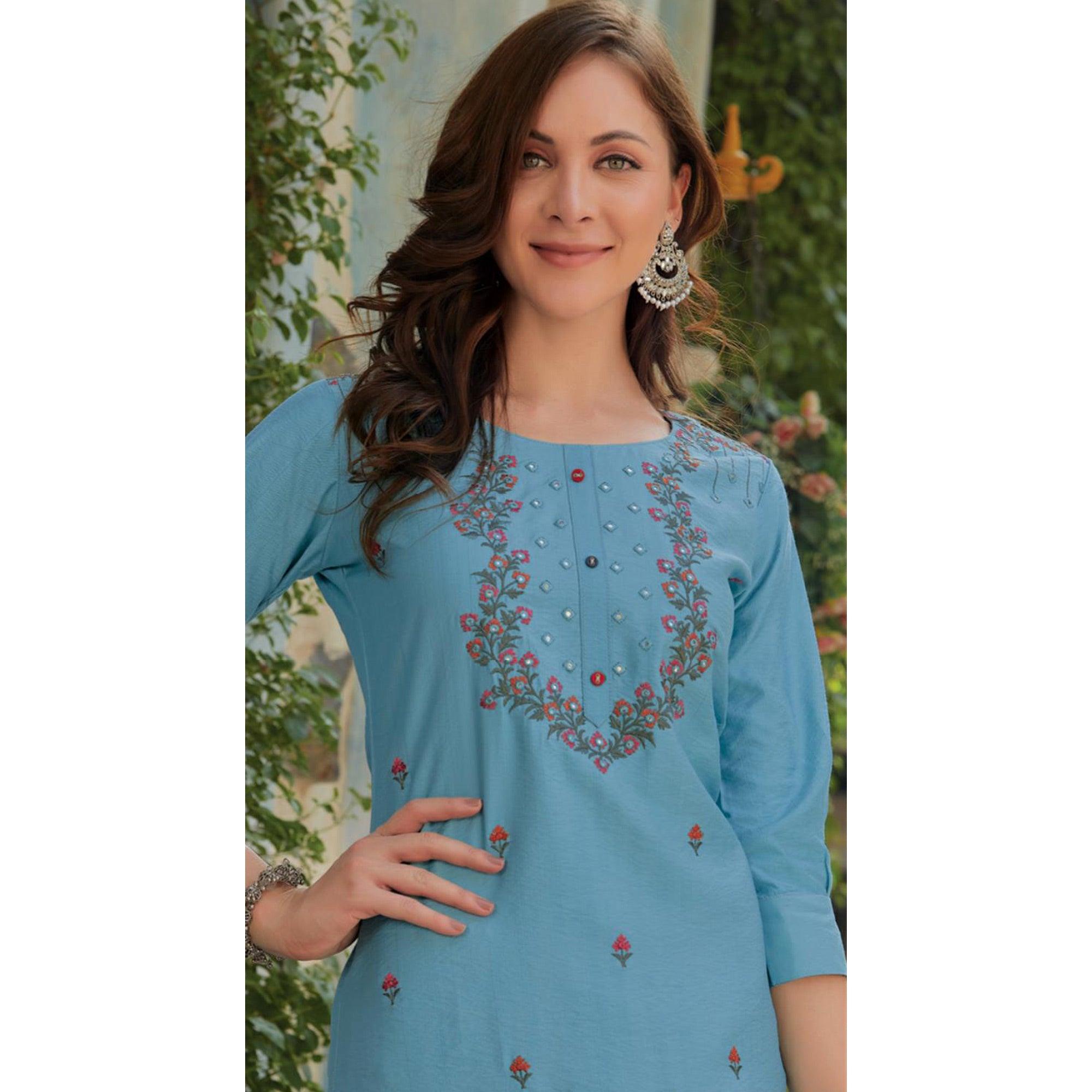 Sky Blue Embroidered Cotton Silk Kurti - Peachmode