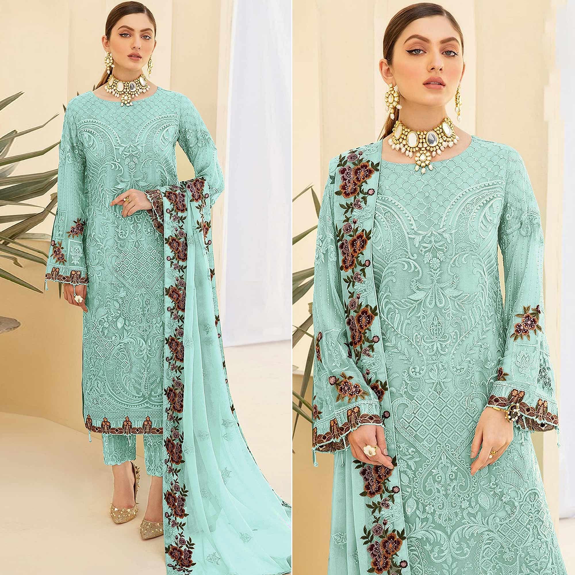 Sky Blue Embroidered Georgette Pakistani Suit - Peachmode