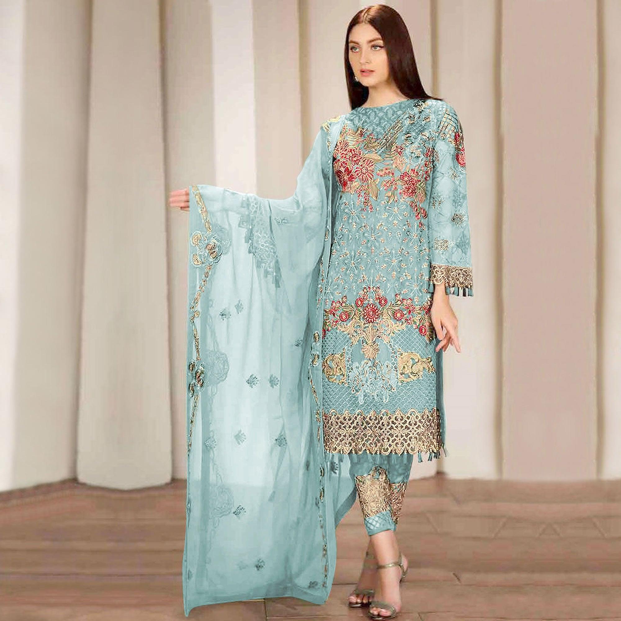 Sky Blue Embroidered Georgette Pakistani Suit - Peachmode