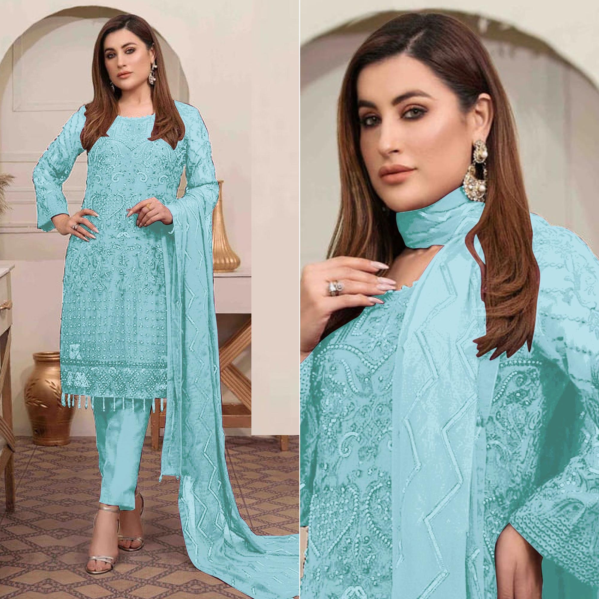 Sky Blue Embroidered Georgette Pakistani Suit - Peachmode