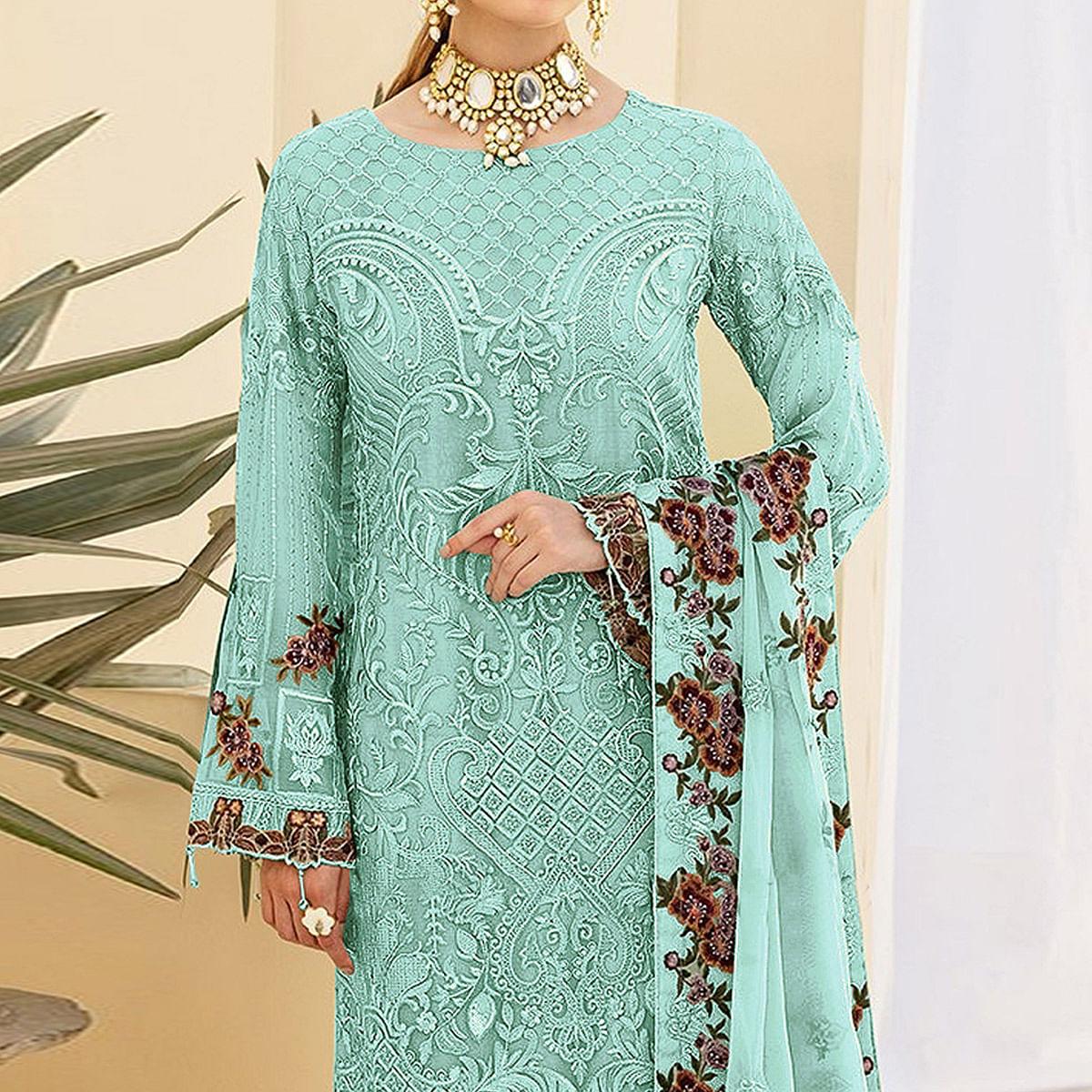 Sky Blue Embroidered Georgette Pakistani Suit - Peachmode