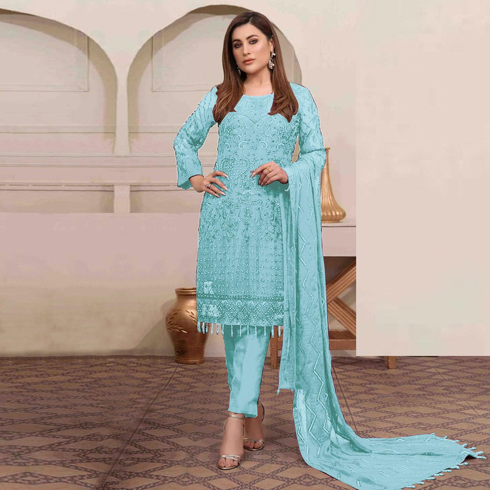 Sky Blue Embroidered Georgette Pakistani Suit - Peachmode