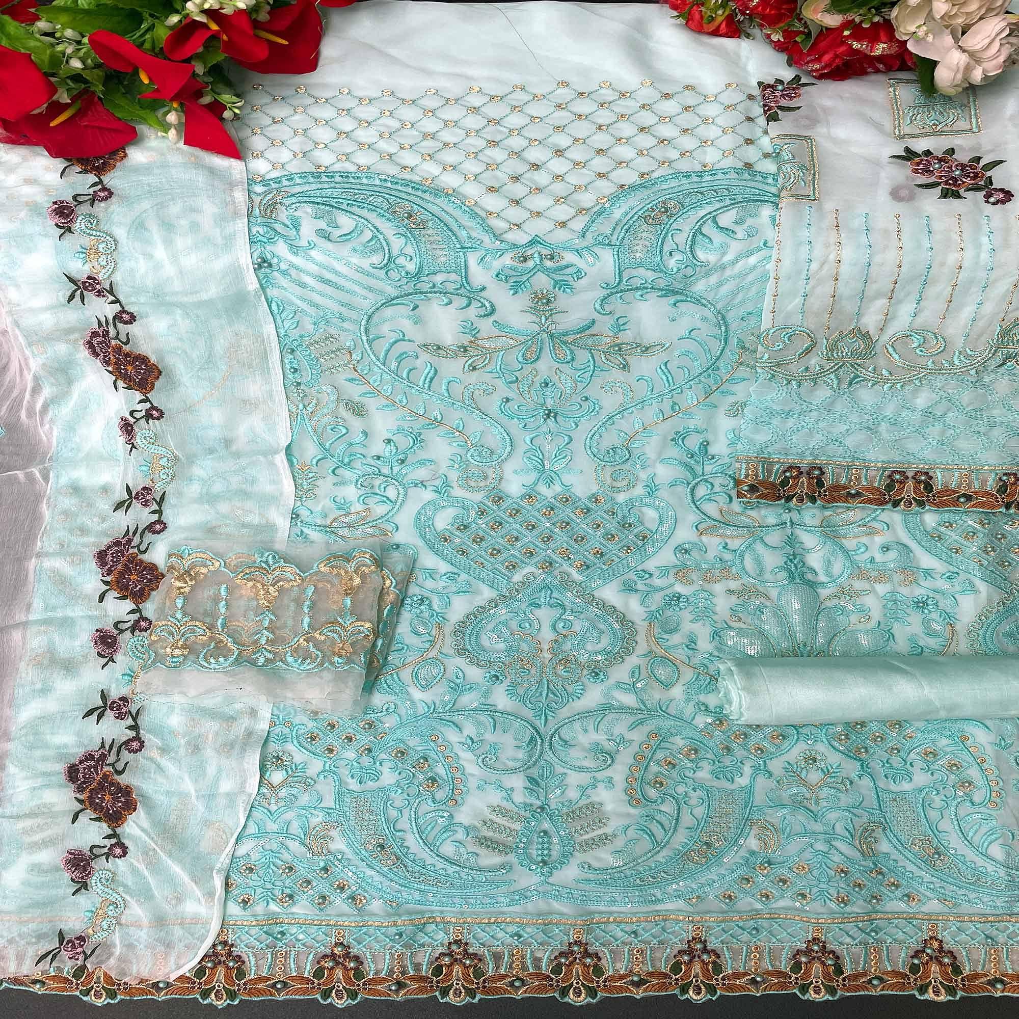 Sky Blue Embroidered Georgette Pakistani Suit - Peachmode